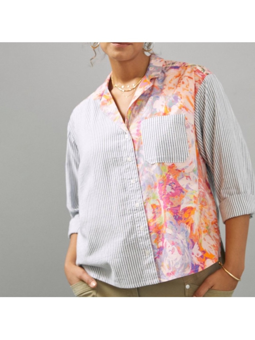 Maeve by Anthropologie The Clarissa High Low Button Down Stripe Floral Top Sz 14 - Picture 15 of 15